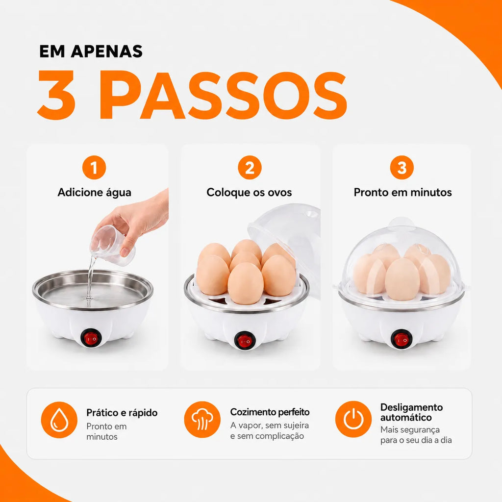 FastCook® – Cozedor de Ovos Elétrico a Vapor (Preparo Rápido, Fácil e Sem Sujeira) – Frete Grátis!