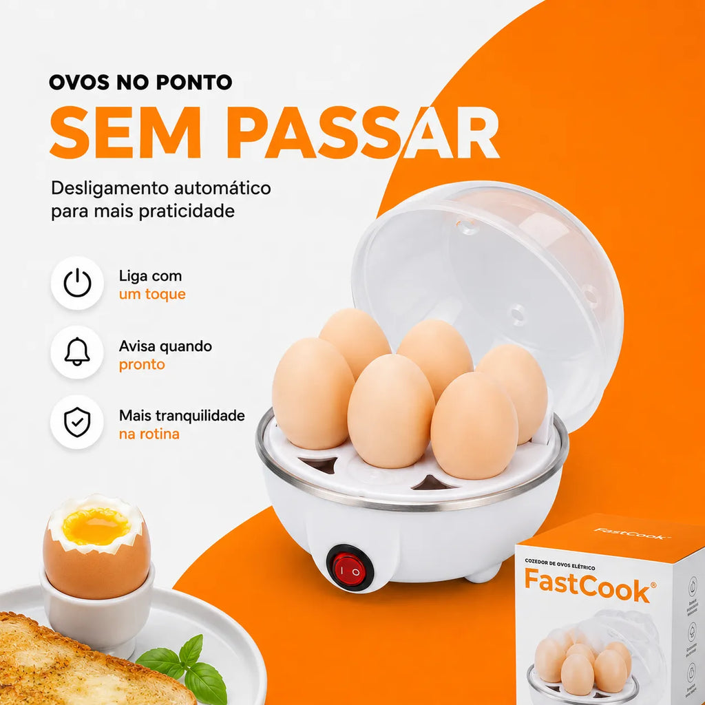 FastCook® – Cozedor de Ovos Elétrico a Vapor (Preparo Rápido, Fácil e Sem Sujeira) – Frete Grátis!
