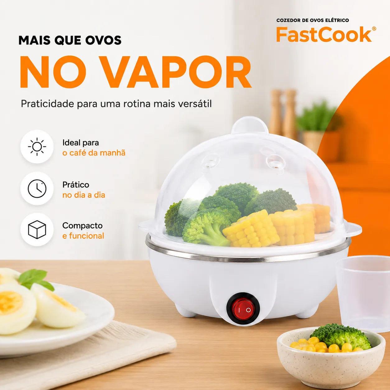 FastCook® – Cozedor de Ovos Elétrico a Vapor (Preparo Rápido, Fácil e Sem Sujeira) – Frete Grátis!