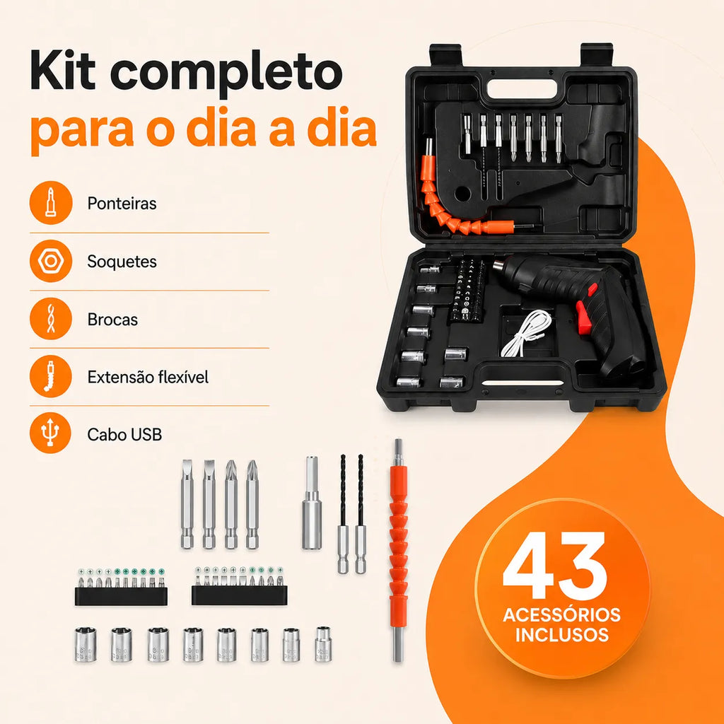 Parafusadeira Elétrica Recarregável MontPro® (Kit Completo com 43 Acessórios + Maleta) – Queima de Estoque! 🔥